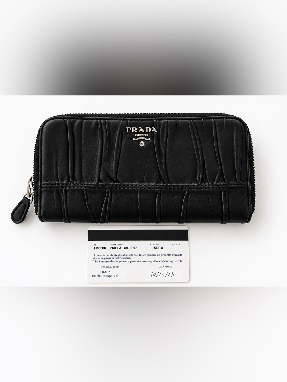 Prada Nappa Gaufre Black Leather Zip Around Wallet 1M0506 + Authenticity Card